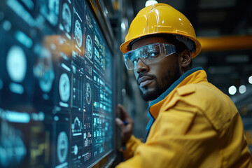 Man in yellow hard hat and safety glasses looking at a large screen.