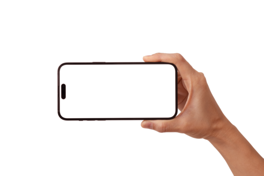Hand holding the black smartphone with blank screen and modern frameless design in rotated perspective positions - isolated transparent background - Clipping Path