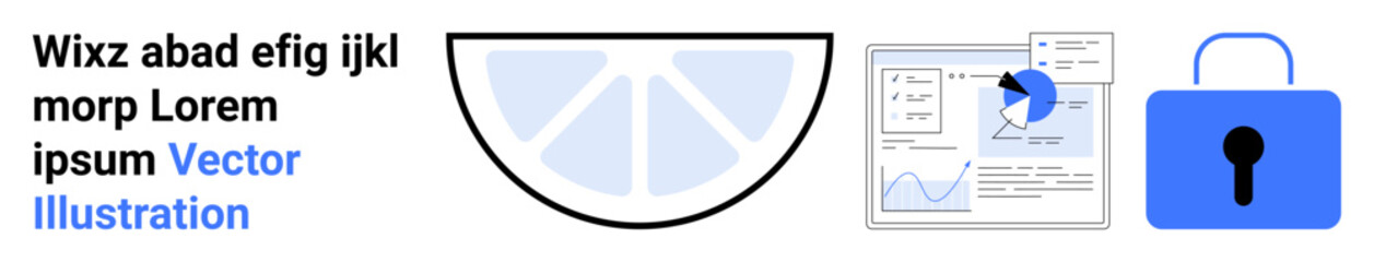 Sliced pie chart, data analysis interface with graphs, and secure padlock. Ideal for data protection, analytics, cybersecurity, finance, reports, infographics simple landing page