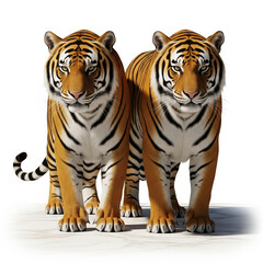Obraz premium Close up two Bengal tigers standing on ivory marble floor isolated on white background in ultra detailed photorealistic style