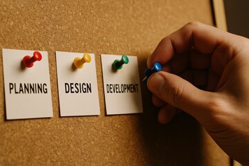hand attaching the final color-coded pin to a cork board project planner. Each color represents a phase