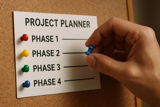 hand attaching the final color-coded pin to a cork board project planner. Each color represents a phase