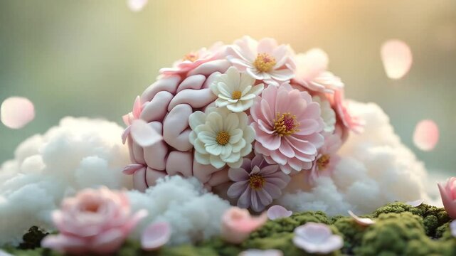 Brain Covered in Flowers Resting on Clouds Conceptual Image