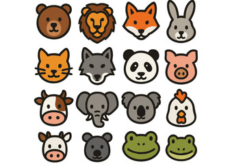 Cute Animal Head Icon Set – 15 Vector Faces in Flat Design, Wild & Domestic Animal Faces – Minimalist Avatar Collection, Cartoon Animal Icons – Clean Vector Heads for Any Project