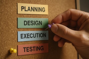 hand attaching the final color-coded pin to a cork board project planner. Each color represents a phase