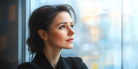 Thoughtful woman gazing through office window, Professional woman looking out window at city view, Reflective female professional in office