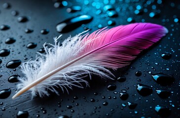 bright feather with water droplets on a smooth surface