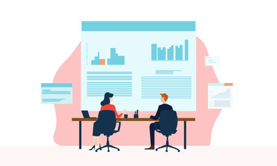 vector illustration people are building a business. big screen with a website. teamwork,promotion of business online, the takeoff rating of the work, ideas vector