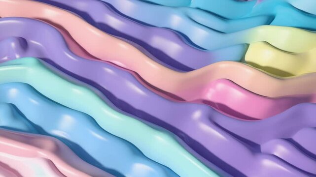 Colorful glossy 3d pastel plastic waves melt and shrink