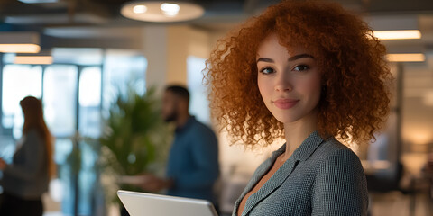 Confident woman with tablet in modern office, Stylish professional with laptop in coworking space, Young businesswoman working with tablet in office
