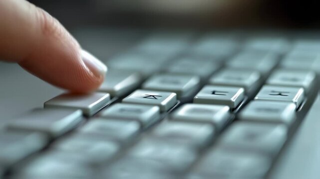 Macro shot of finger pressing white computer keyboard key for data entry