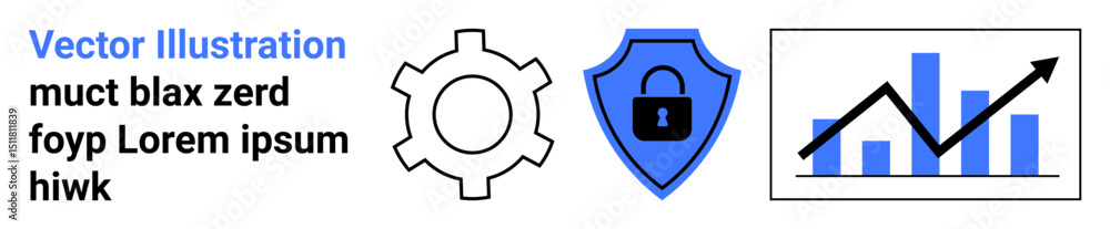 Poster gear icon for process optimization, shield with lock for data security, graph for growth. ideal for 