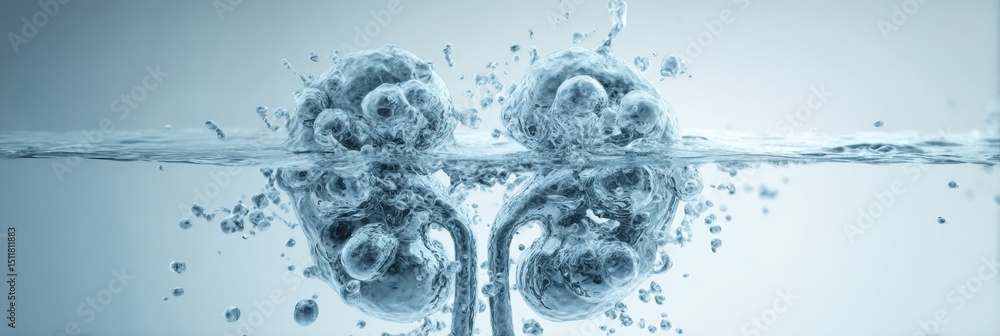 Poster water drop transforms into kidney shape with clear upper zone and bubbles rising