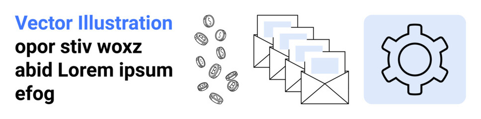 Coins in mid-air, stacked mail envelopes, and a gear outline suggesting finance, communication, and settings. Ideal for business workflow, email marketing, automation, money management technology