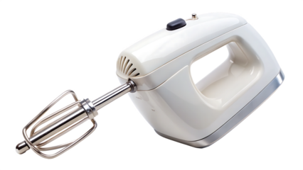 Isolated White Hand Mixer with Metal Beaters on a Black Background