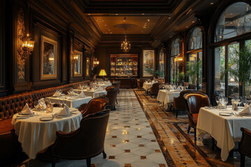 Table set with elegant dinnerware and a centerpiece of white roses and candles in the dining room at the RI hotel.