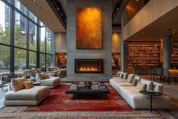 friends laughing and clinking glasses in front of a roaring fireplace in a cozy living room with comfy couches.