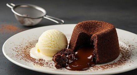 Chocolate lava cake with vanilla ice cream on a plate.