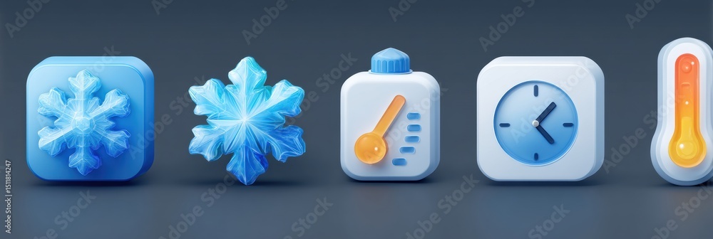 Poster 3d freezer icons featuring snowflake, timer, and thermometer on a clean dark background for digital 