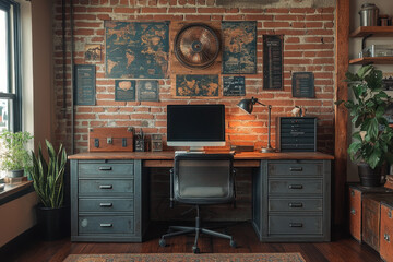 Computer on desk next to a vibrant plant.