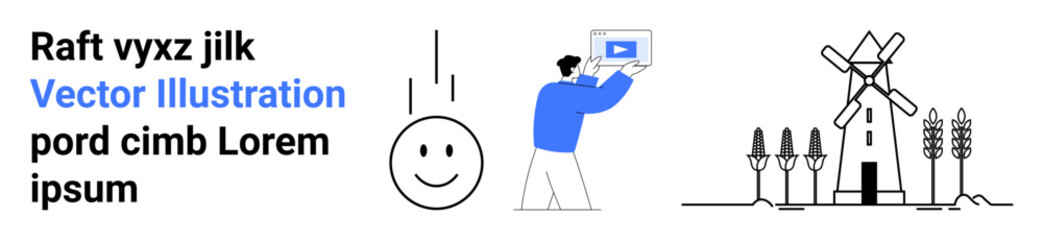 Man interacting with video content, happy face icon, windmill, and crops. Ideal for education, sustainable energy, rural living concept, environmental themes, online learning farming simple landing
