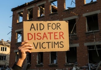Hand holding aid for disaster victims sign near damaged building
