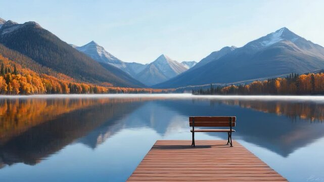 Lake scenery with dock and mountains reflection autumn forest in calm clear day