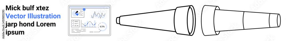 Poster telescopic lens alongside analytic graphs on a display screen, representing exploration, data analys