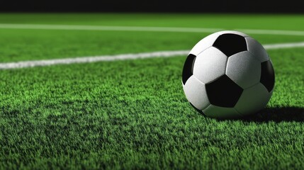 Classic black and white football on a green field, horizontal poster for sports themes or website use.