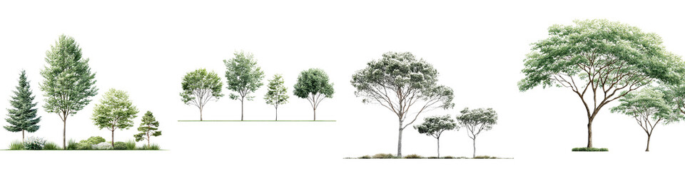 Obraz premium Diverse collection of beautifully illustrated trees, showcasing varying leaf textures, shapes, and heights in a natural, lush green setting, ideal for nature-themed designs