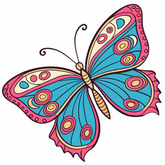Vibrant Blue and Pink Butterfly Illustration with Circular Patterns