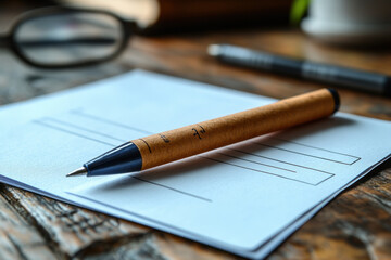 Fototapeta premium Pen poised above open notebook on table.