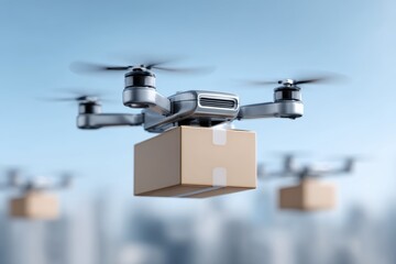 A modern drone delivering a package in an urban setting, showcasing innovation in logistics and delivery services.