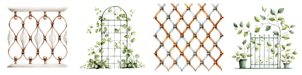 Naklejka premium Elegant garden trellis designs featuring intricate patterns, vibrant greenery, and a blend of rustic wooden and metal textures. Ideal for garden decor and landscaping inspiration.