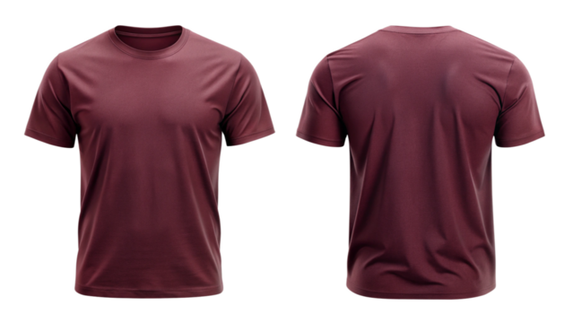 Maroon Plain T-Shirt Front and Back View – Minimalist Apparel Mockup Isolated on Transparent Background