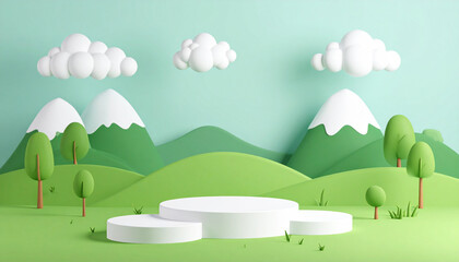 3D Kid Podium on Green Hills with Tree in Abstract Cartoon Spring Landscape Background
