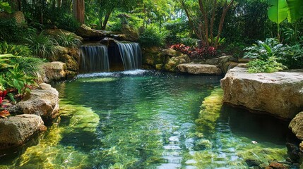 Tranquil zen garden with a small waterfall cascading into a clear pool surrounded by lush greenery and rocks.