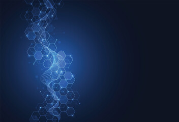 Abstract science template background. Technology lines and dots connection. Wallpaper or banner with a DNA molecules.