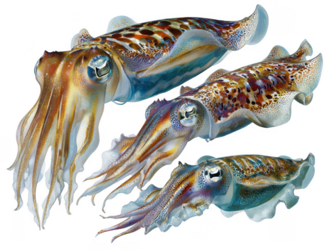 Three vibrant cuttlefish swim in clear ocean water, showcasing their mesmerizing color changing abilities and unique camouflage on the white background.
