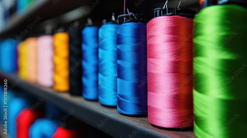 Aufkleber a row of spools of thread in various colors.