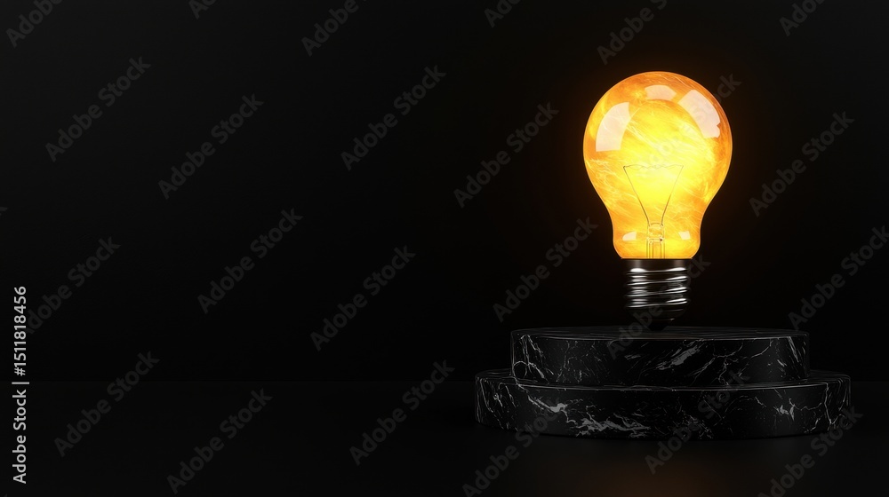 Poster a 3d rendering of a lightbulb with a yellow glow, positioned on a black marble base.