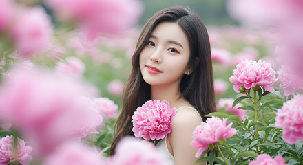 Naklejka premium Woman in peony field, spring portrait