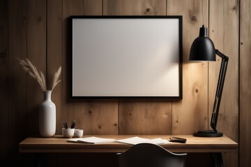 Cozy workspace featuring a blank framed canvas, elegant lamp, and rustic wooden textures