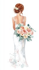 A watercolor illustration of a bride seen from behind, holding a pastel bouquet, expressing softness, grace, and romantic anticipation on her wedding day.