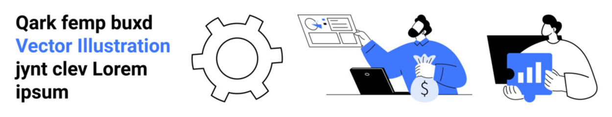 Gear and two coworkers reviewing analytics charts, holding money bags, and working on laptops. Ideal for teamwork, business strategy, technology, finance, management, analysis simple landing page