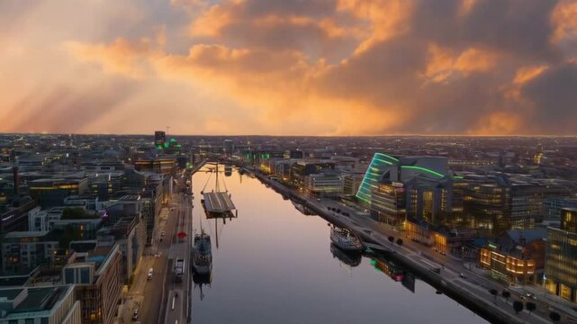 Dublin Liffey River, Ireland at Sunset Aerial View