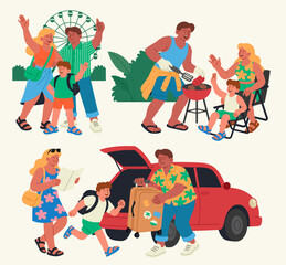 Various summer vacation moments of a family