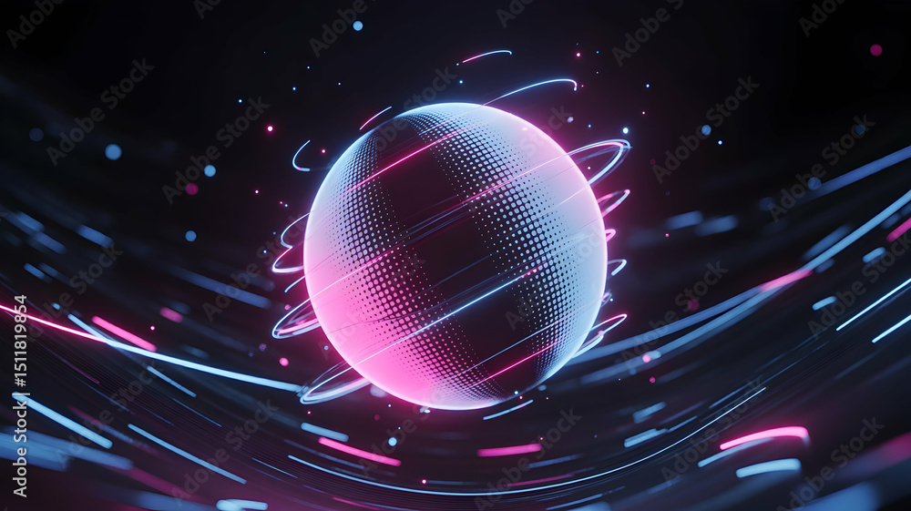 Poster illuminated sphere floating above dynamic lines depicts cutting edge of technology and innovation