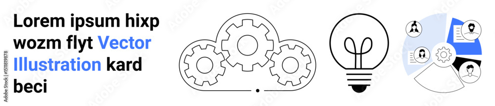 Aufkleber gears interconnecting for teamwork, a lightbulb symbolizing innovation, and networking profiles high