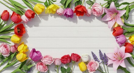Vibrant Spring Flower Frame: Tulips, Roses, and Lilies on White Wood